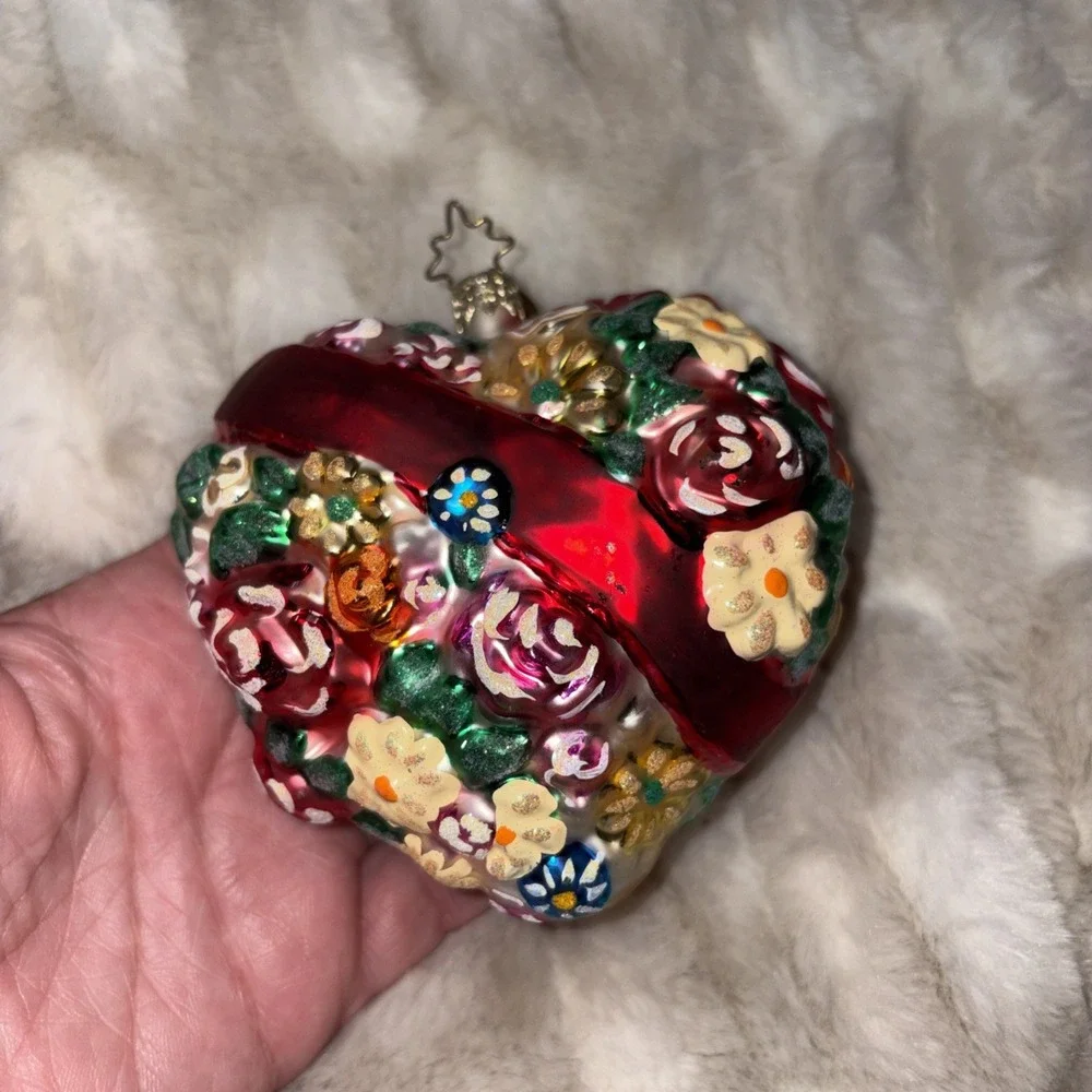 Christopher Radko Say it With Flowers Heart Ornament Intricate Floral Red Bow